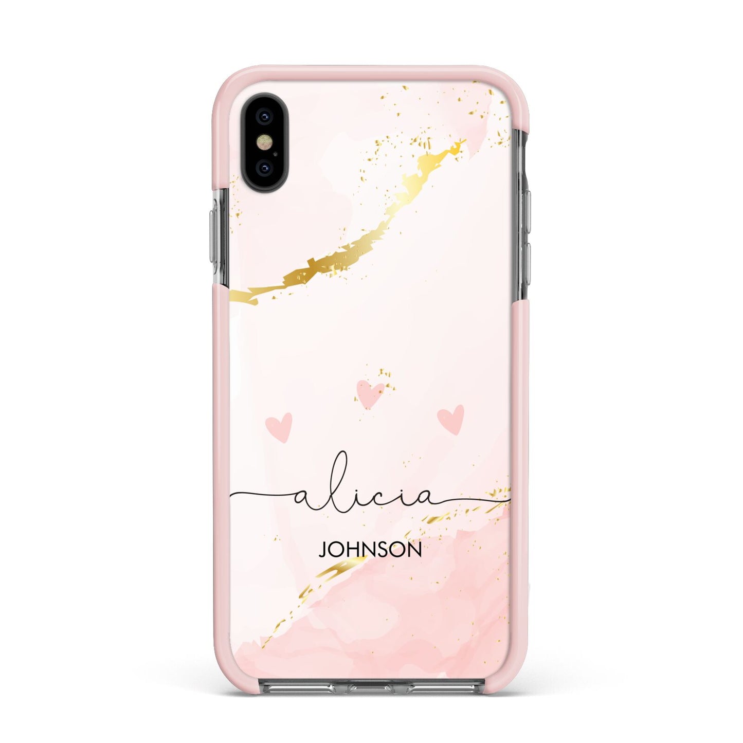 Personalised Pink Gold Marble Names Apple iPhone Xs Max Impact Case Pink Edge on Black Phone