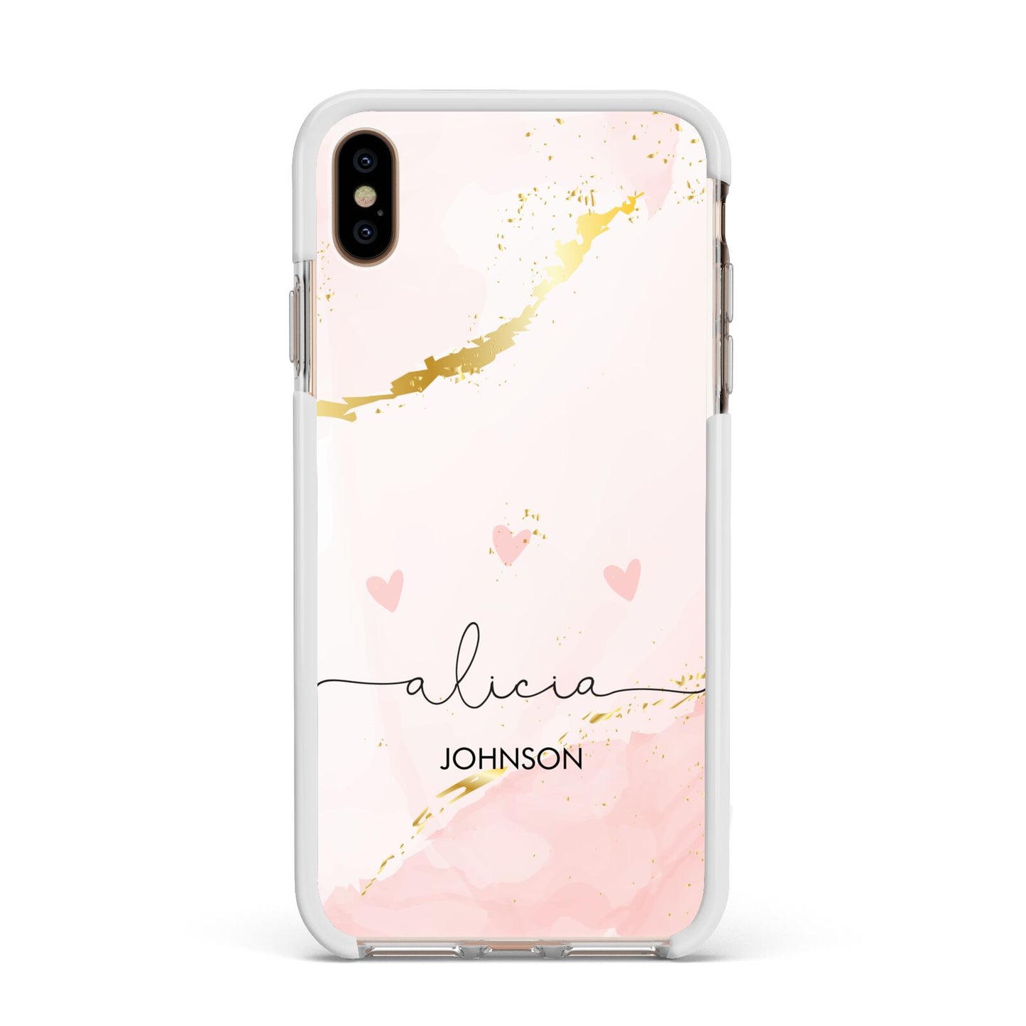 Personalised Pink Gold Marble Names Apple iPhone Xs Max Impact Case White Edge on Gold Phone