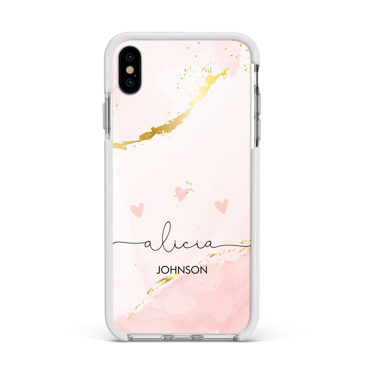 Personalised Pink Gold Marble Names Apple iPhone Xs Max Impact Case White Edge on Silver Phone