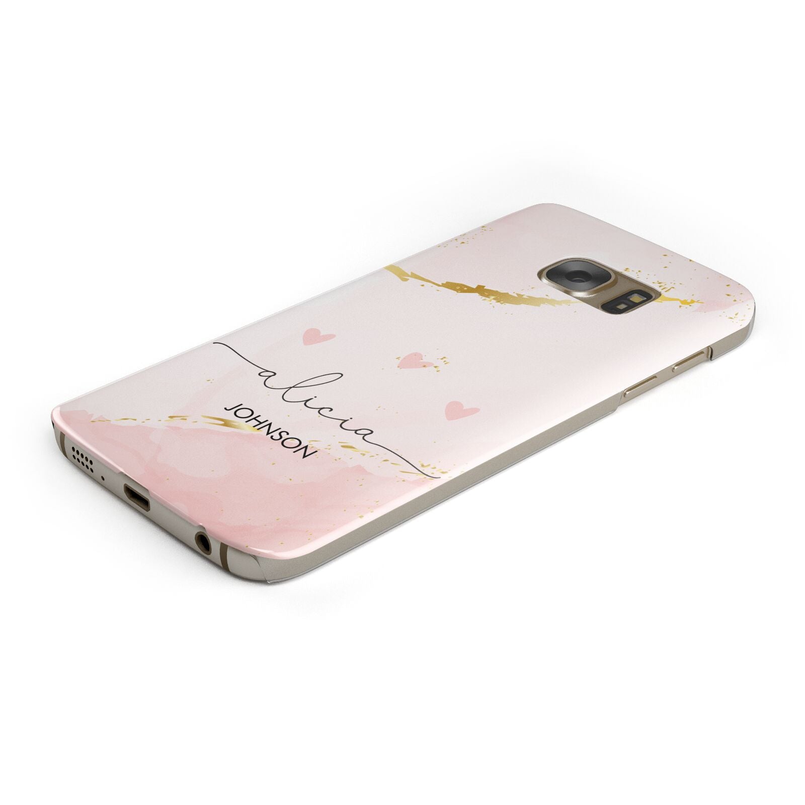 Personalised Pink Gold Marble Names Protective Samsung Galaxy Case Angled Image