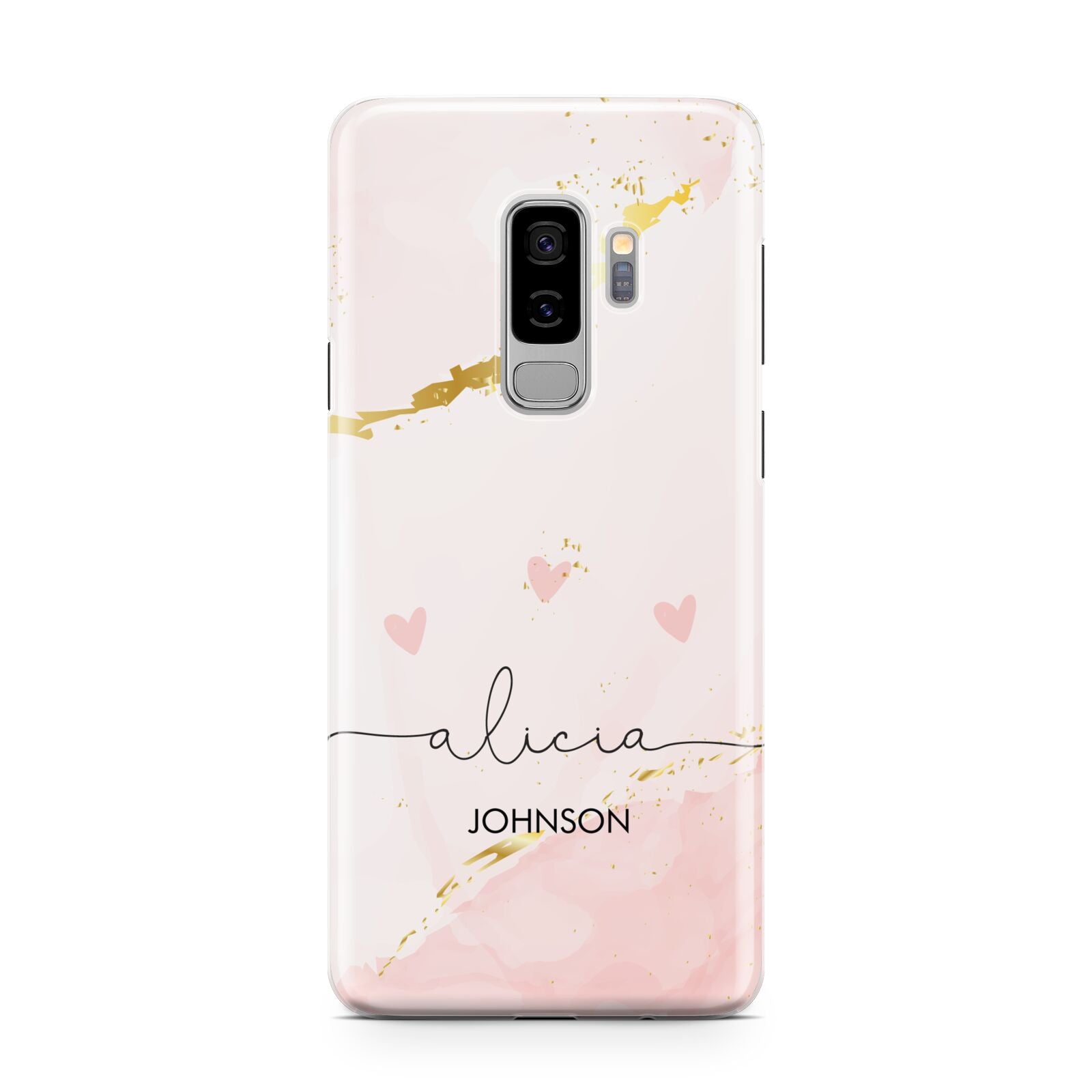 Personalised Pink Gold Marble Names Samsung Galaxy S9 Plus Case on Silver phone