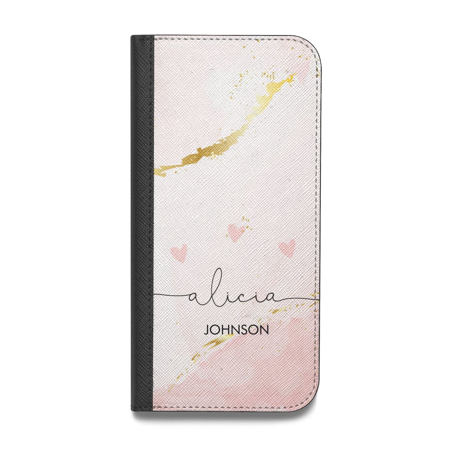 Personalised Pink Gold Marble Names Vegan Leather Flip iPhone Case