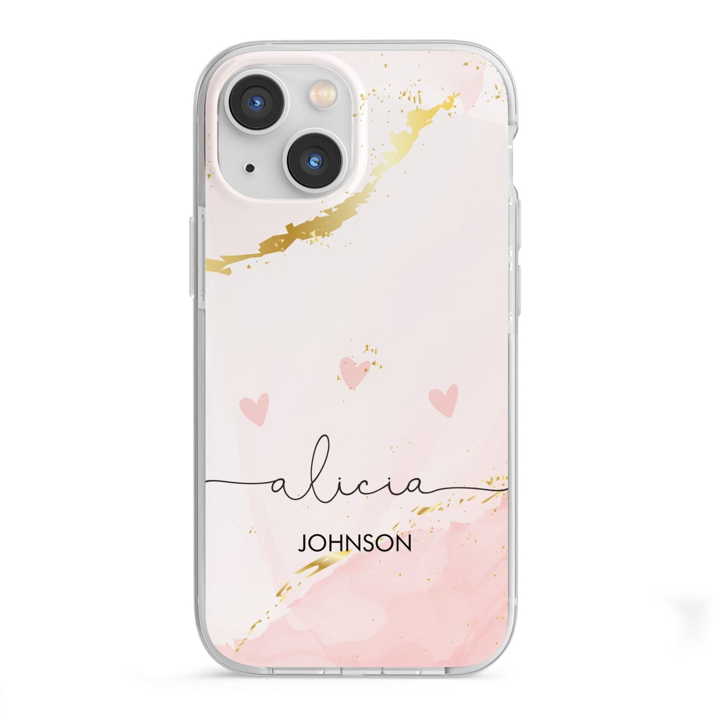 Personalised Pink Gold Marble Names iPhone 13 Mini TPU Impact Case with White Edges