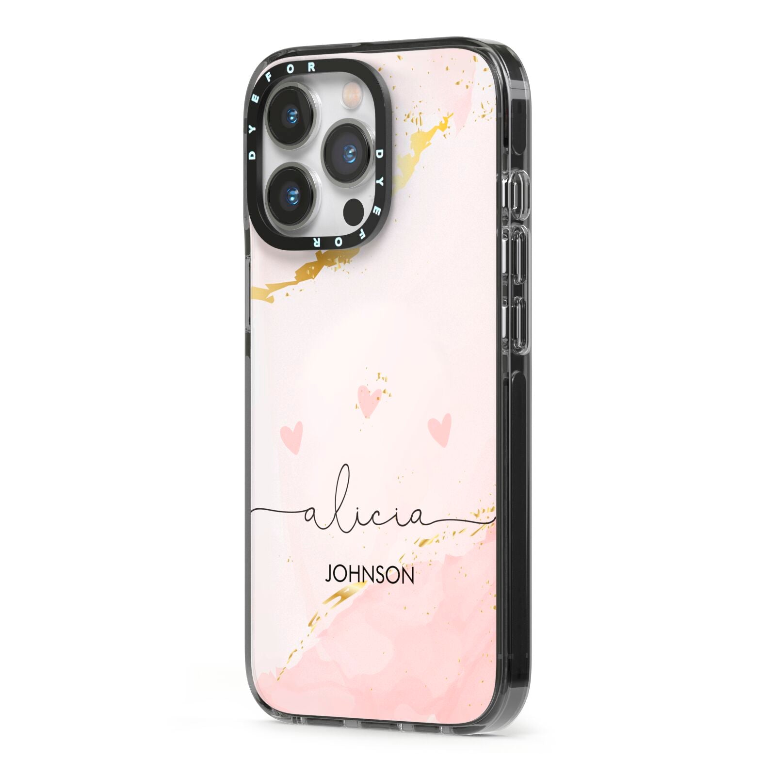Personalised Pink Gold Marble Names iPhone 13 Pro Black Impact Case Side Angle on Silver phone