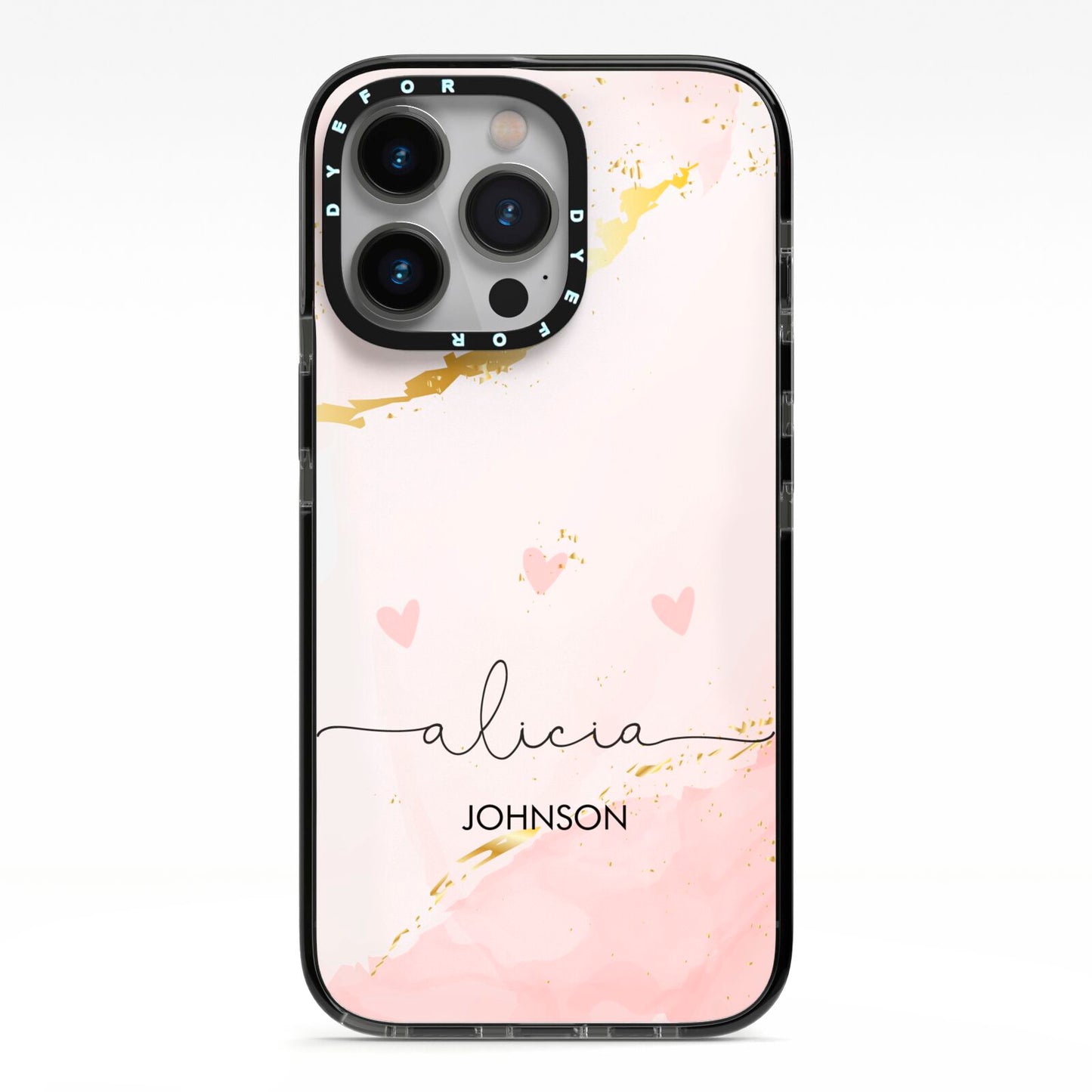 Personalised Pink Gold Marble Names iPhone 13 Pro Black Impact Case on Silver phone