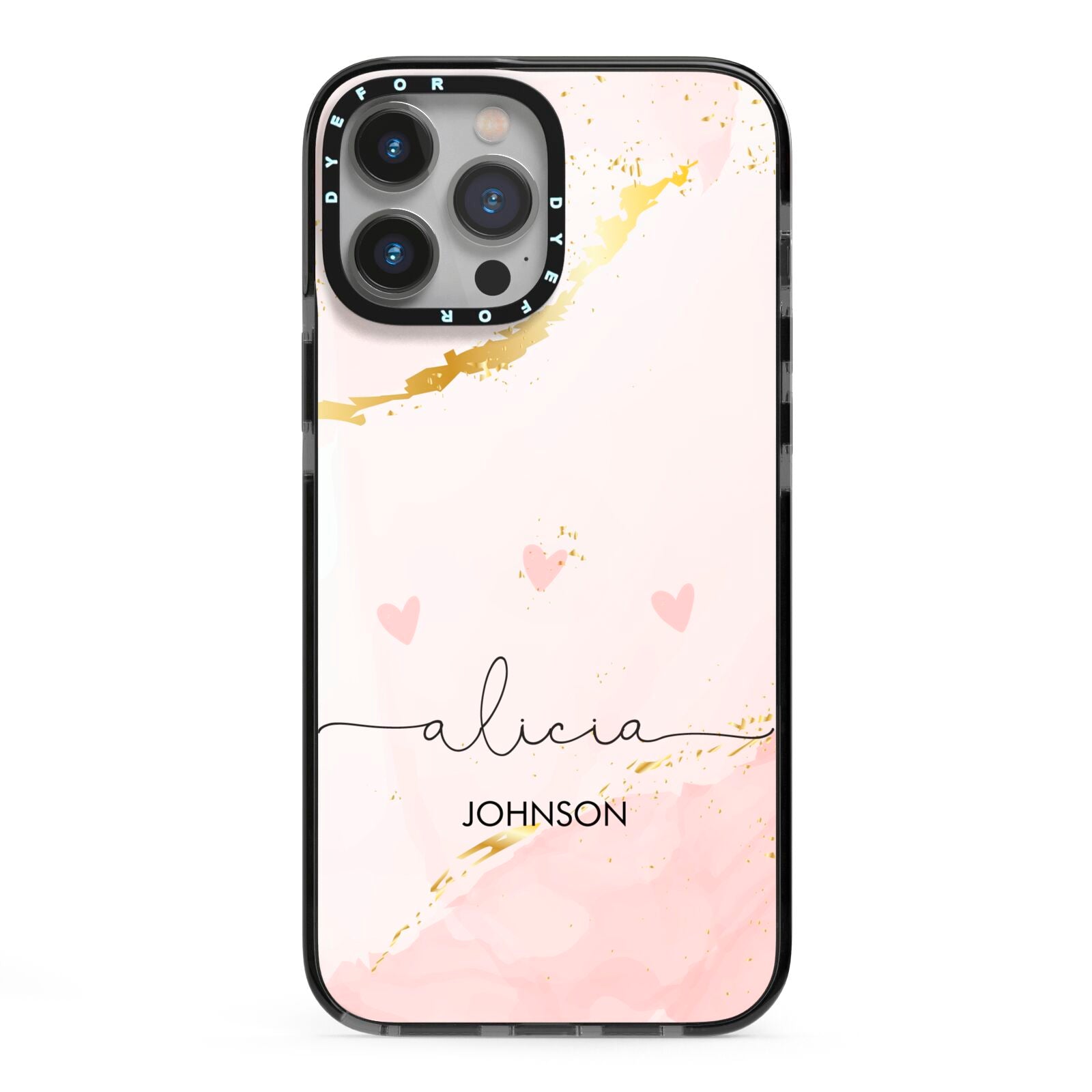 Personalised Pink Gold Marble Names iPhone 13 Pro Max Black Impact Case on Silver phone