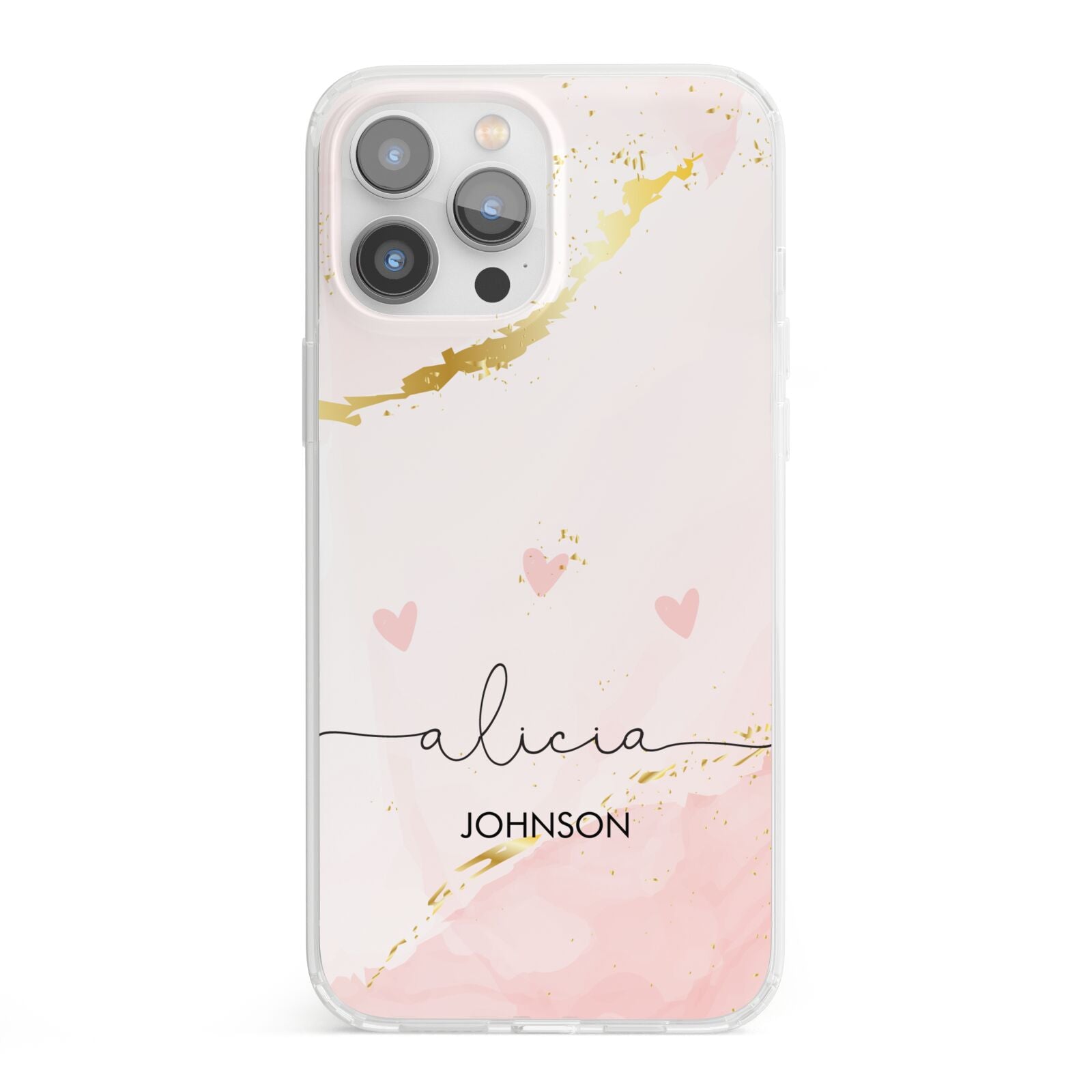 Personalised Pink Gold Marble Names iPhone 13 Pro Max Clear Bumper Case