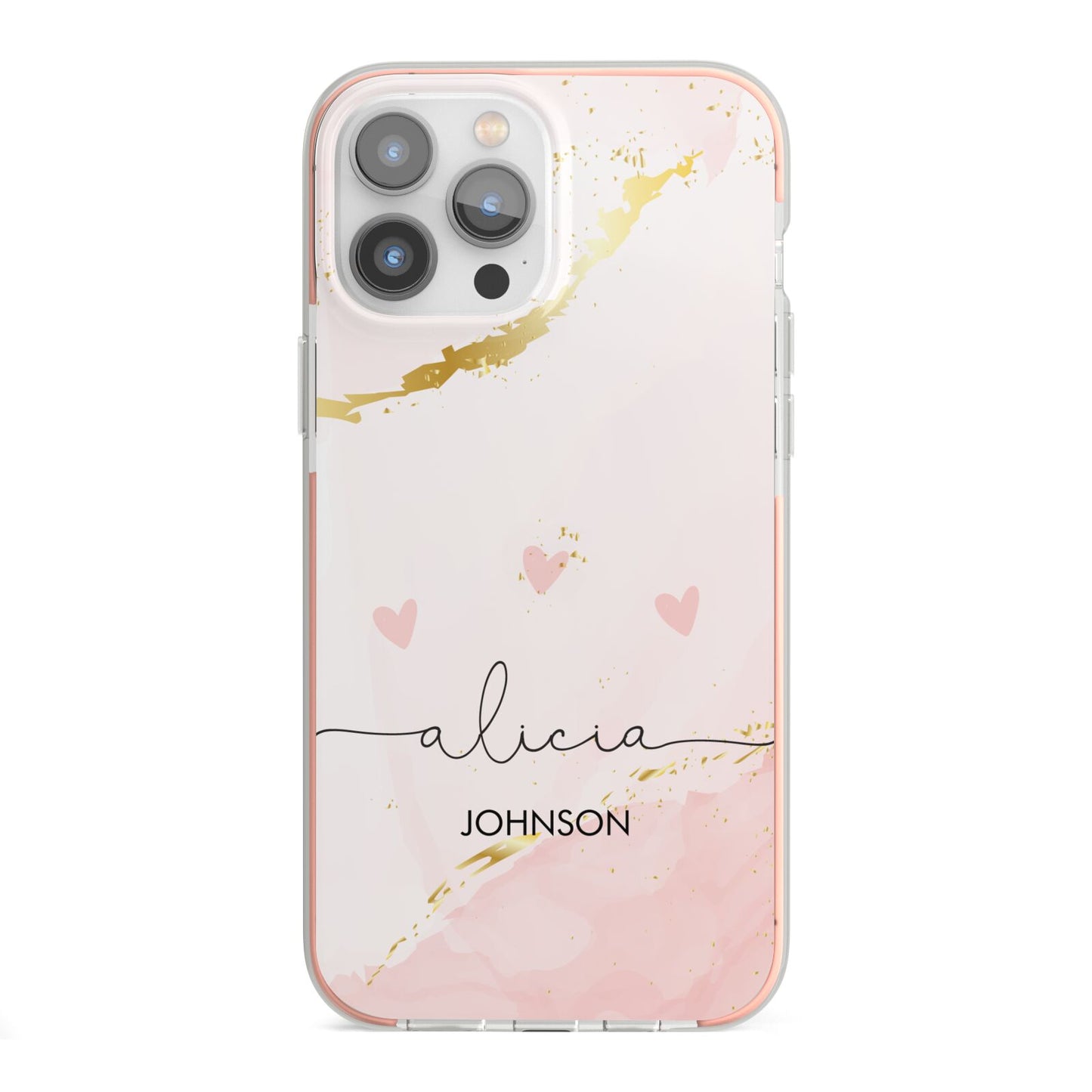 Personalised Pink Gold Marble Names iPhone 13 Pro Max TPU Impact Case with Pink Edges