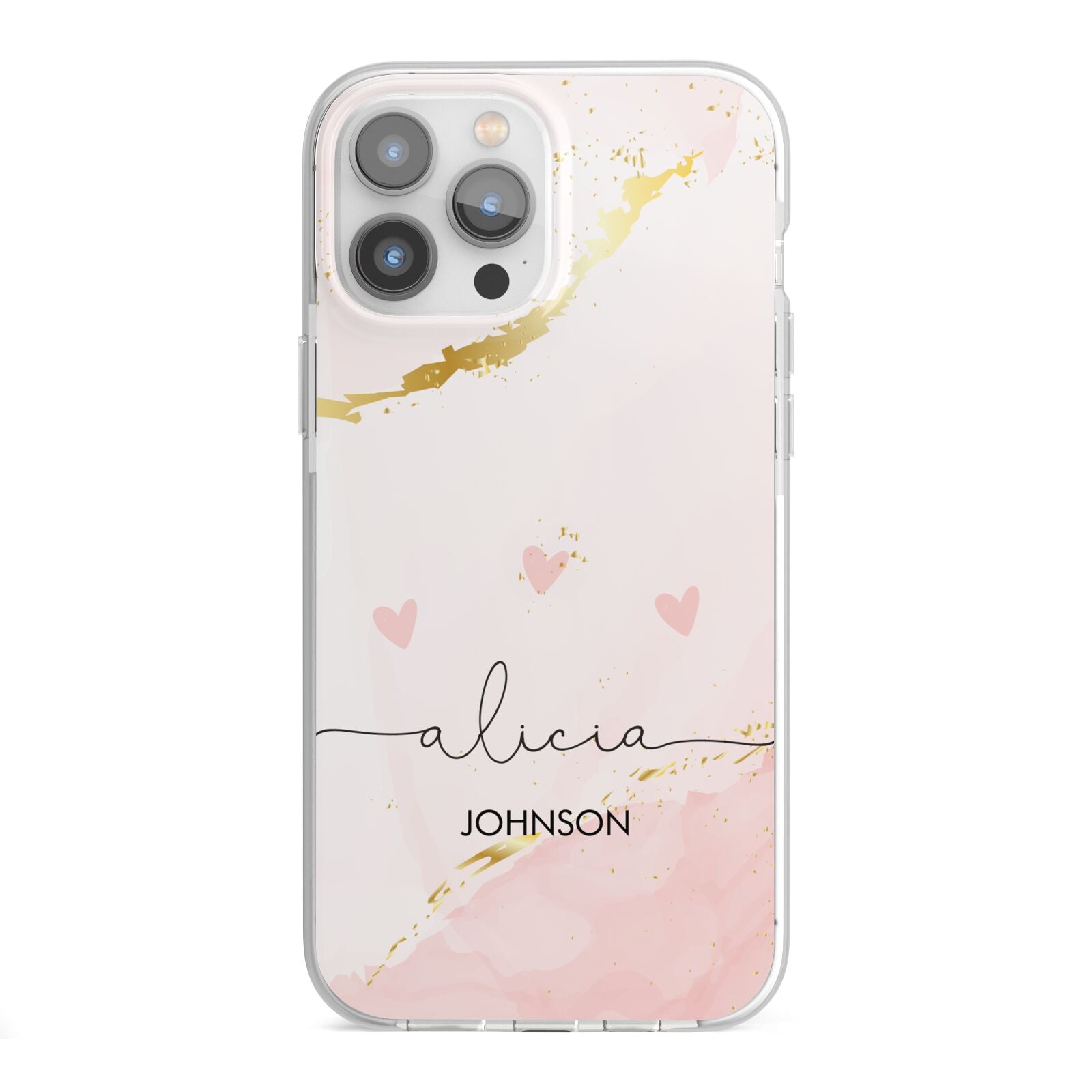 Personalised Pink Gold Marble Names iPhone 13 Pro Max TPU Impact Case with White Edges
