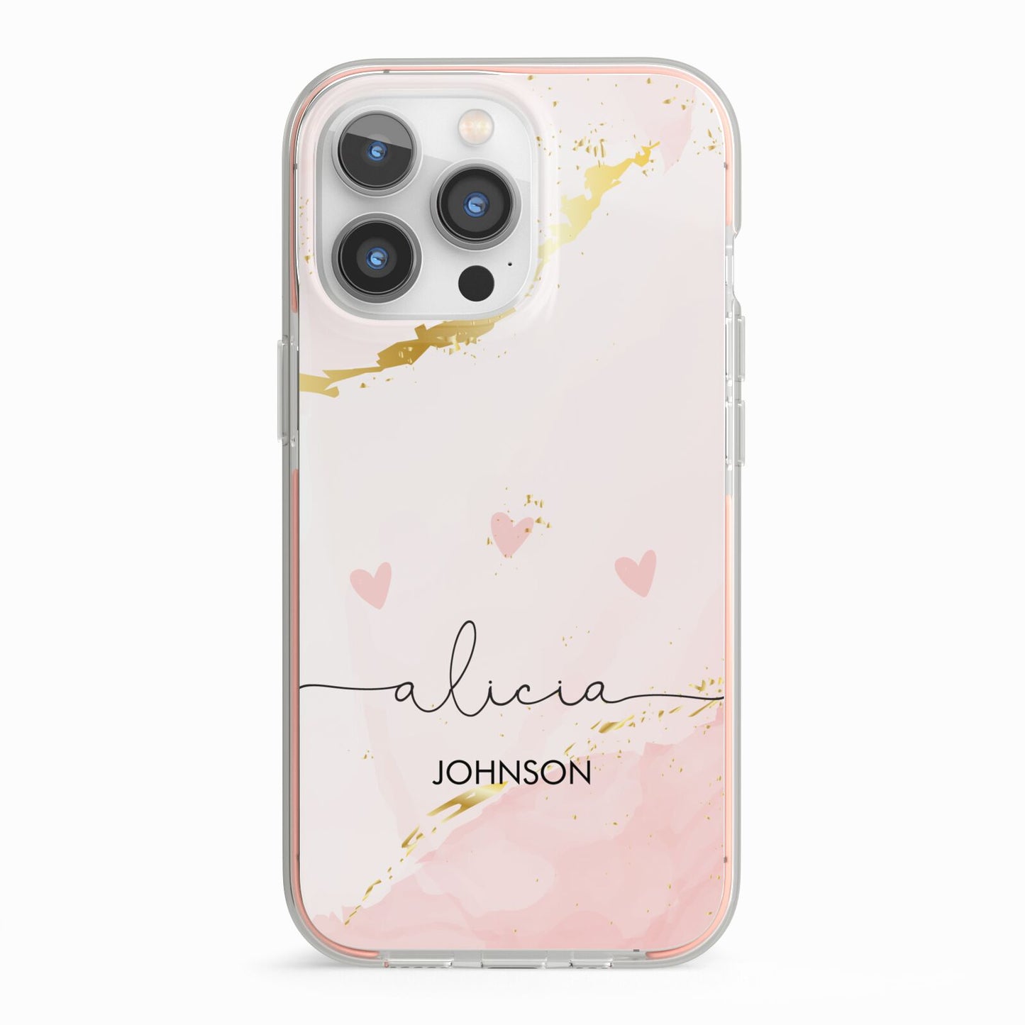 Personalised Pink Gold Marble Names iPhone 13 Pro TPU Impact Case with Pink Edges