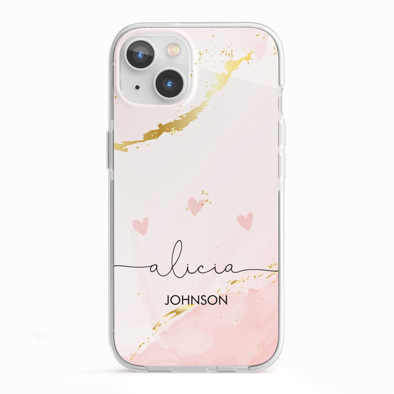 Personalised Pink Gold Marble Names iPhone 13 TPU Impact Case with White Edges