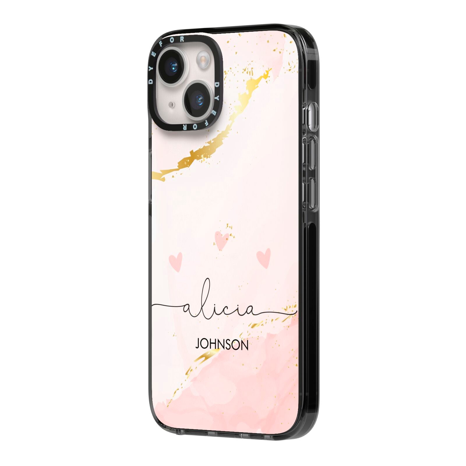 Personalised Pink Gold Marble Names iPhone 14 Black Impact Case Side Angle on Silver phone