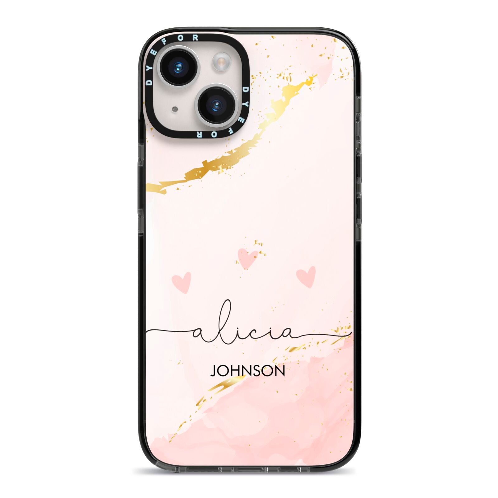 Personalised Pink Gold Marble Names iPhone 14 Black Impact Case on Silver phone