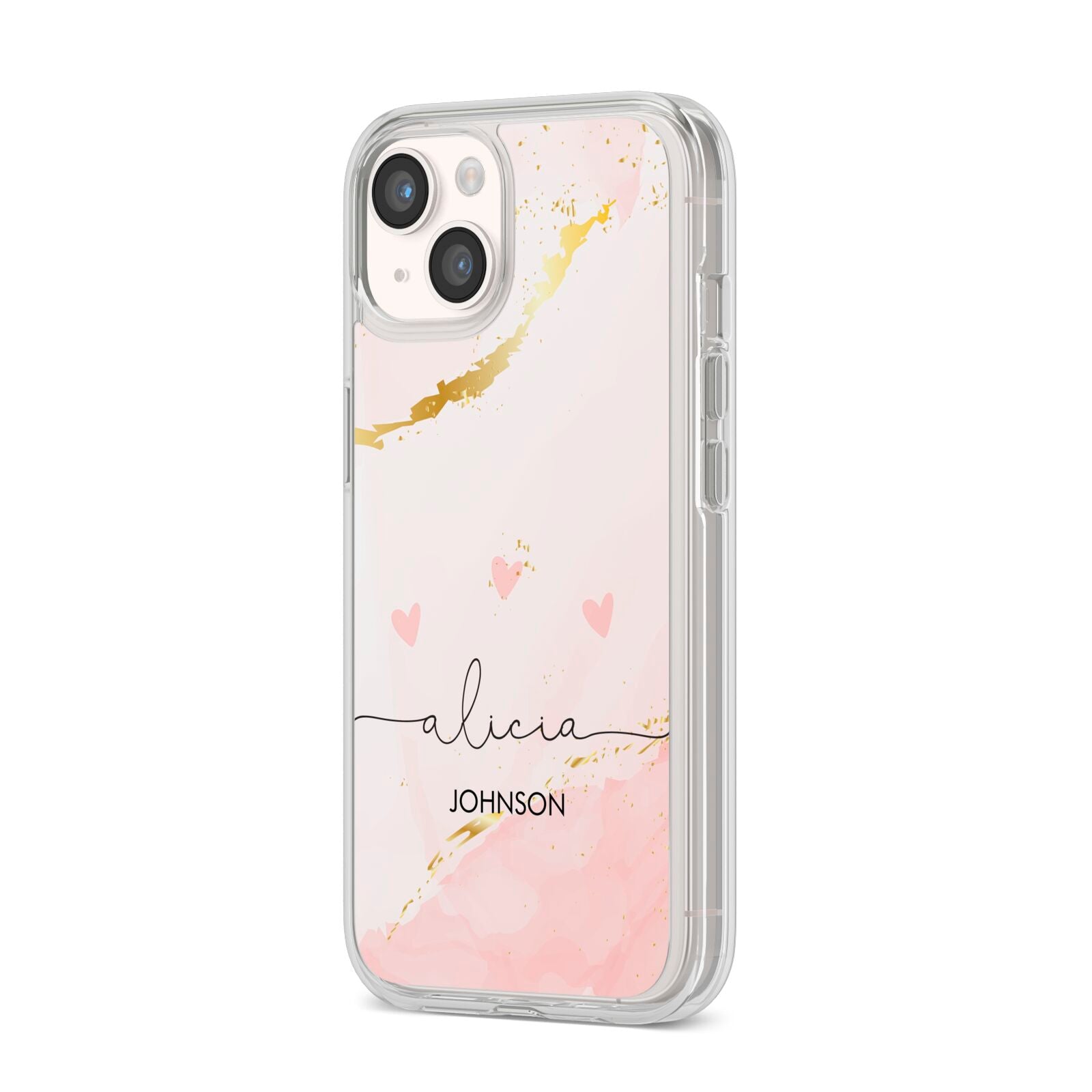 Personalised Pink Gold Marble Names iPhone 14 Clear Tough Case Starlight Angled Image