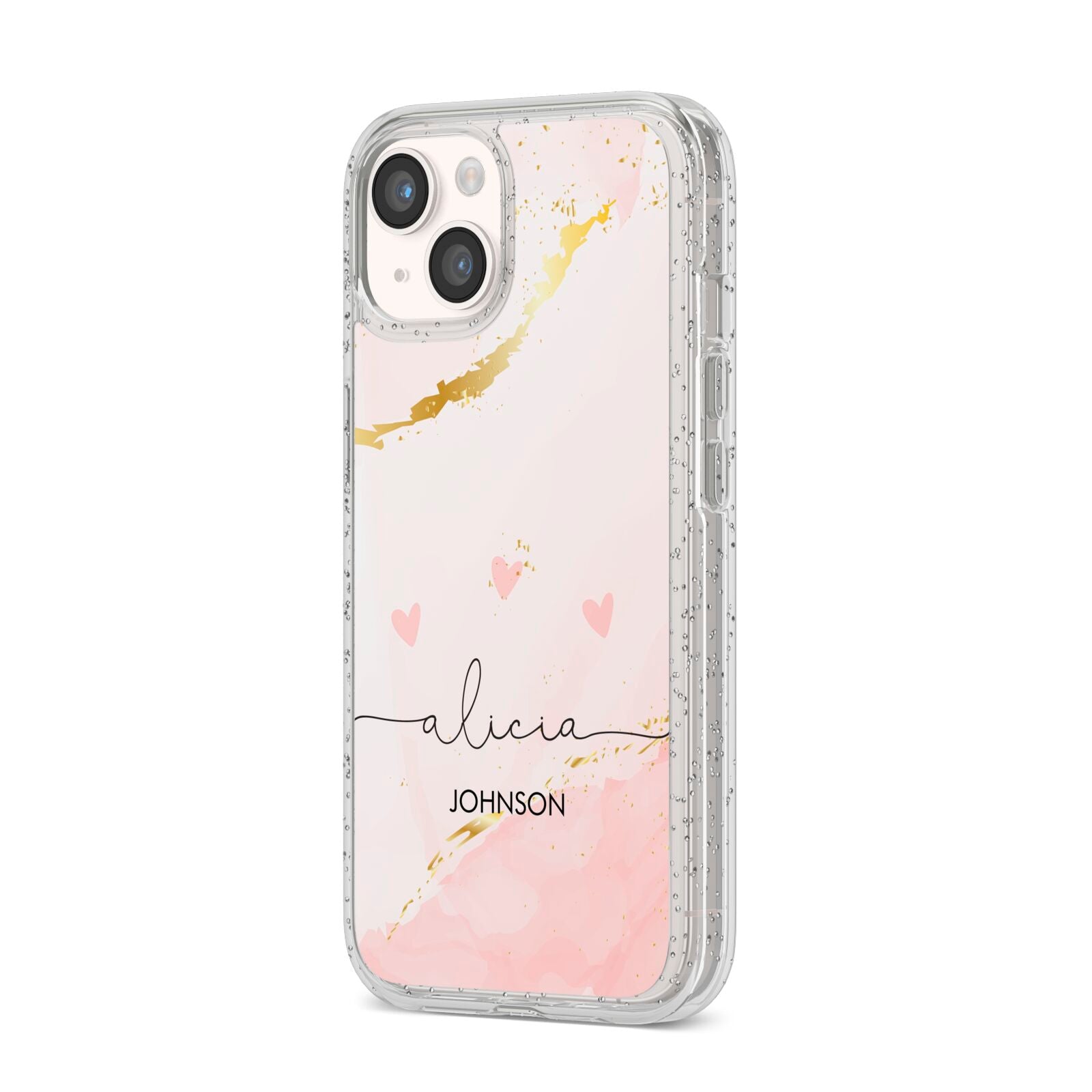 Personalised Pink Gold Marble Names iPhone 14 Glitter Tough Case Starlight Angled Image