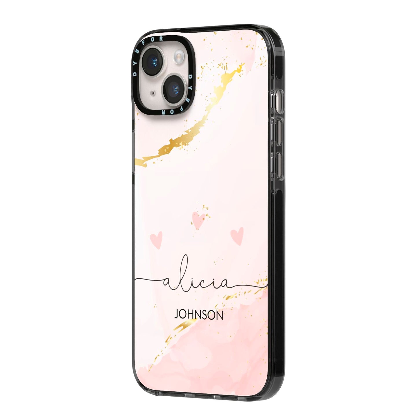 Personalised Pink Gold Marble Names iPhone 14 Plus Black Impact Case Side Angle on Silver phone