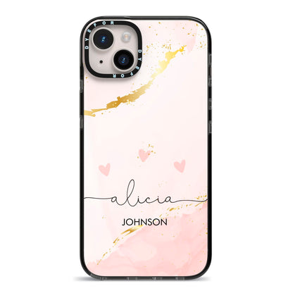 Personalised Pink Gold Marble Names iPhone 14 Plus Black Impact Case on Silver phone