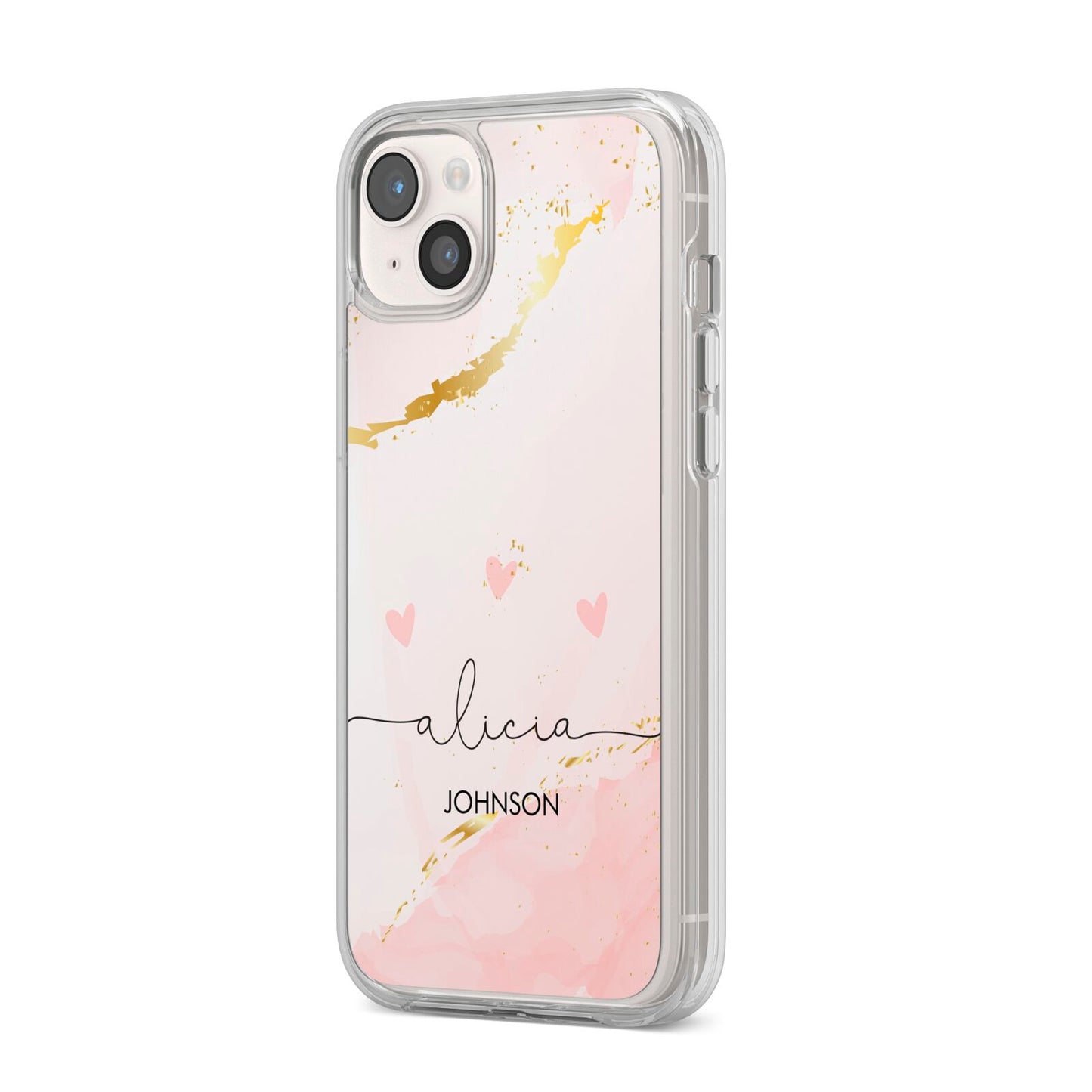 Personalised Pink Gold Marble Names iPhone 14 Plus Clear Tough Case Starlight Angled Image