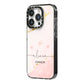 Personalised Pink Gold Marble Names iPhone 14 Pro Black Impact Case Side Angle on Silver phone