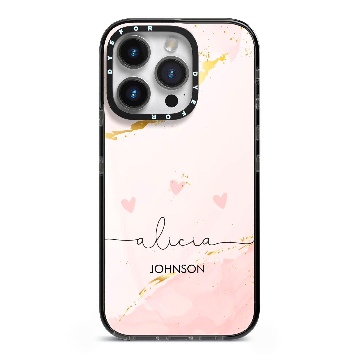 Personalised Pink Gold Marble Names iPhone 14 Pro Black Impact Case on Silver phone