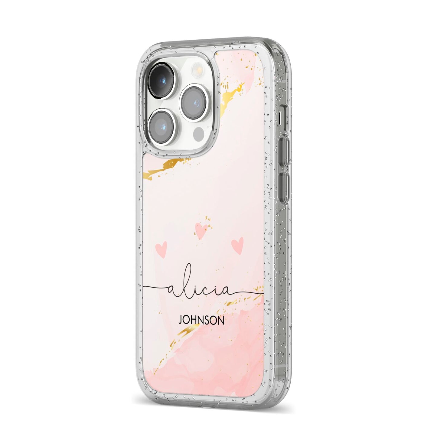 Personalised Pink Gold Marble Names iPhone 14 Pro Glitter Tough Case Silver Angled Image