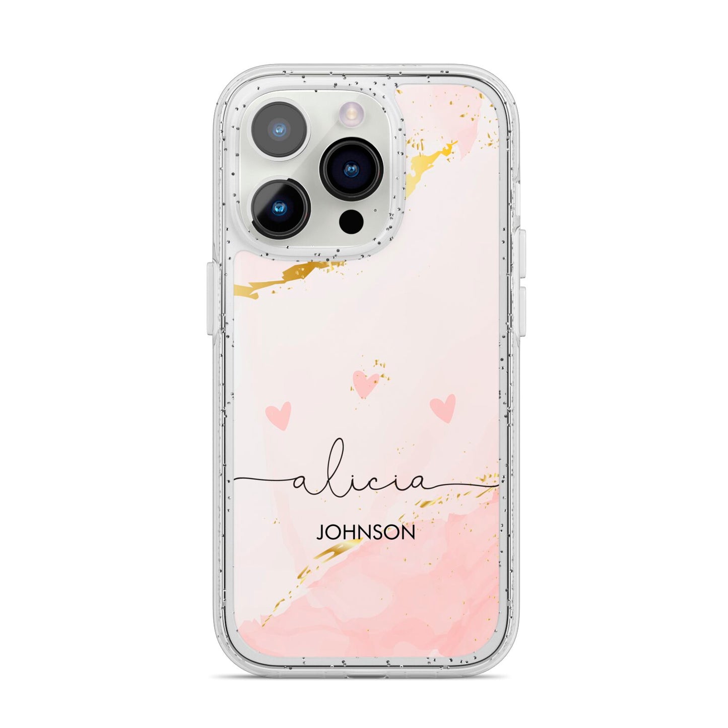 Personalised Pink Gold Marble Names iPhone 14 Pro Glitter Tough Case Silver