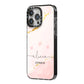 Personalised Pink Gold Marble Names iPhone 14 Pro Max Black Impact Case Side Angle on Silver phone