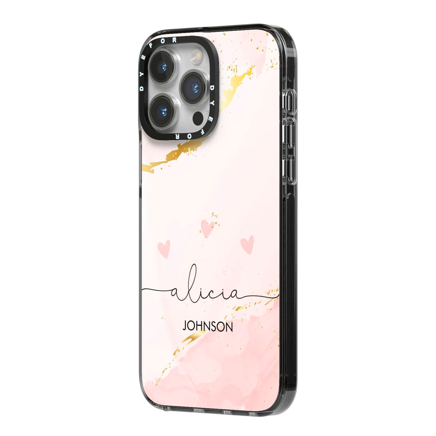 Personalised Pink Gold Marble Names iPhone 14 Pro Max Black Impact Case Side Angle on Silver phone