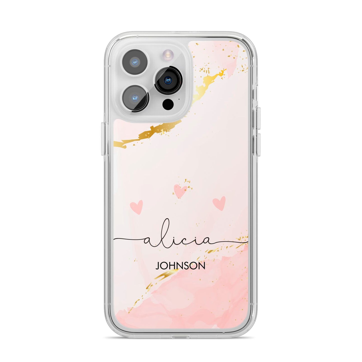 Personalised Pink Gold Marble Names iPhone 14 Pro Max Clear Tough Case Silver