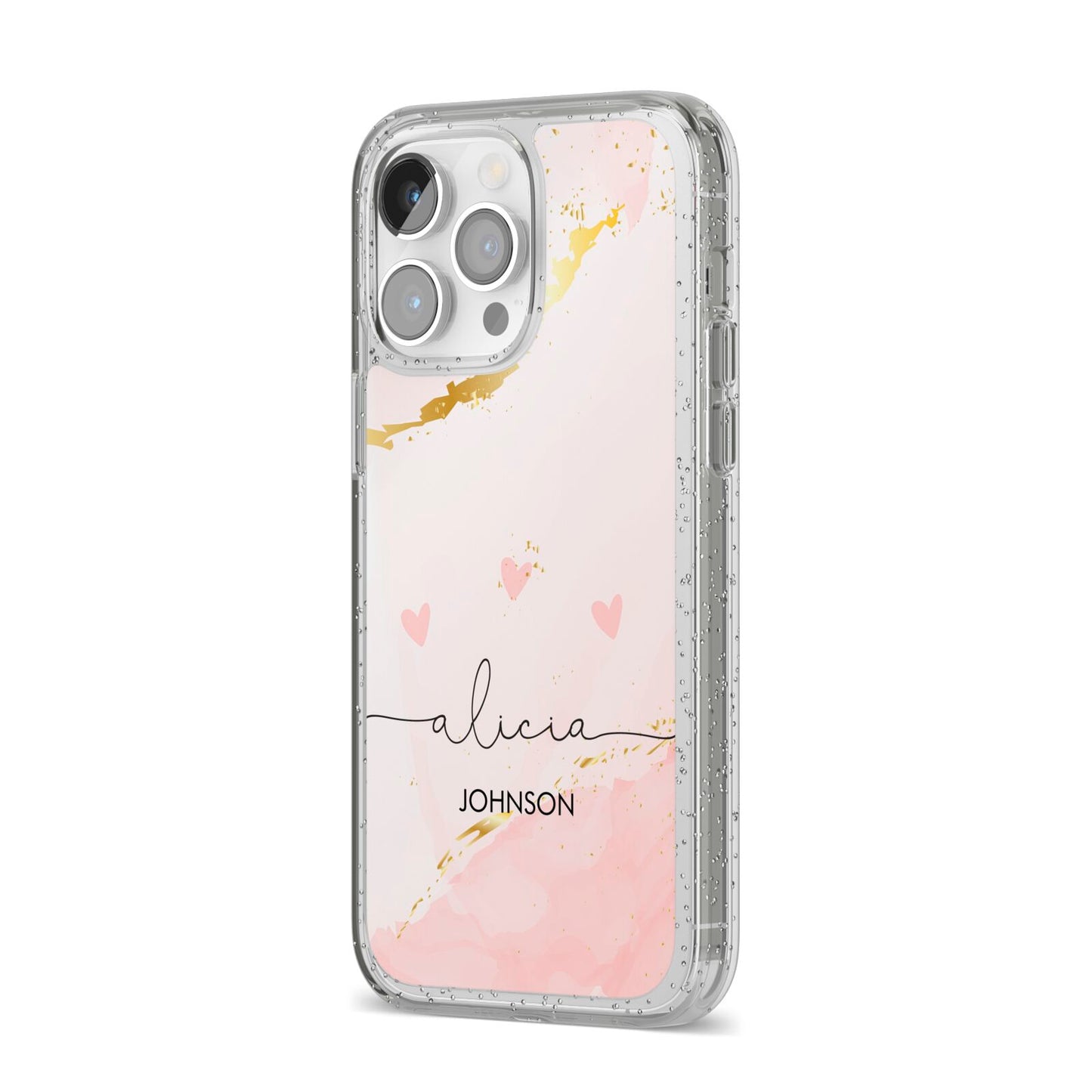 Personalised Pink Gold Marble Names iPhone 14 Pro Max Glitter Tough Case Silver Angled Image
