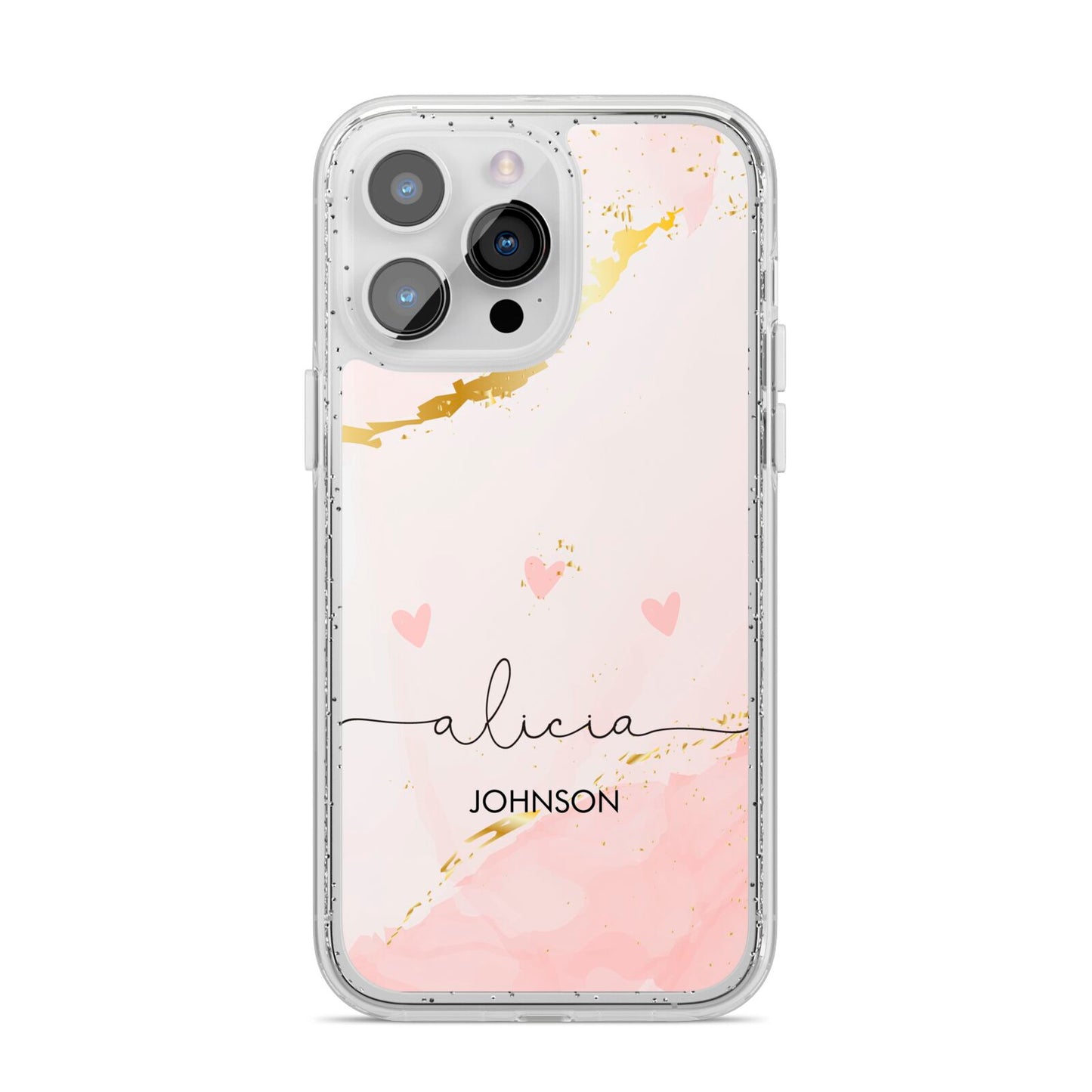 Personalised Pink Gold Marble Names iPhone 14 Pro Max Glitter Tough Case Silver