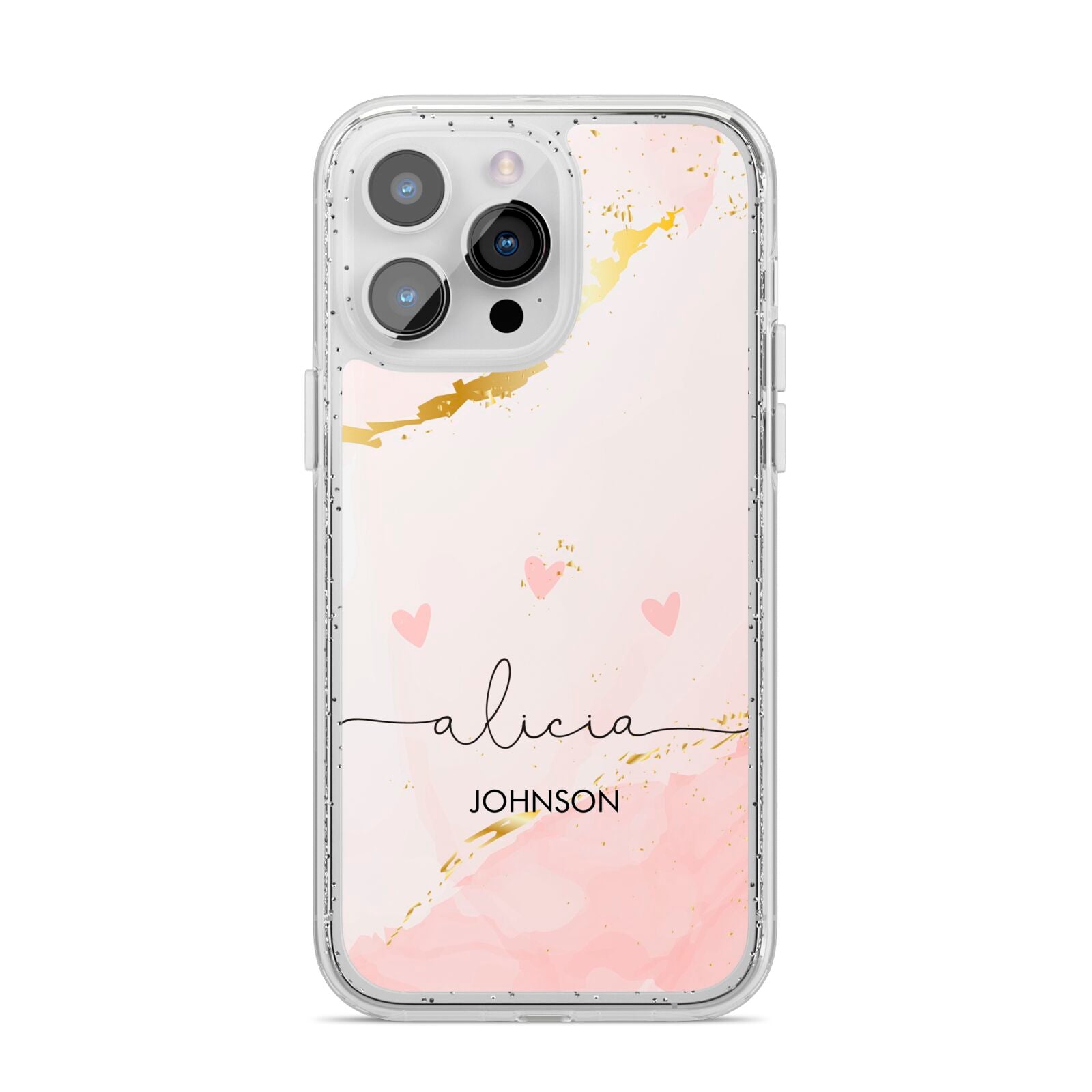 Personalised Pink Gold Marble Names iPhone 14 Pro Max Glitter Tough Case Silver