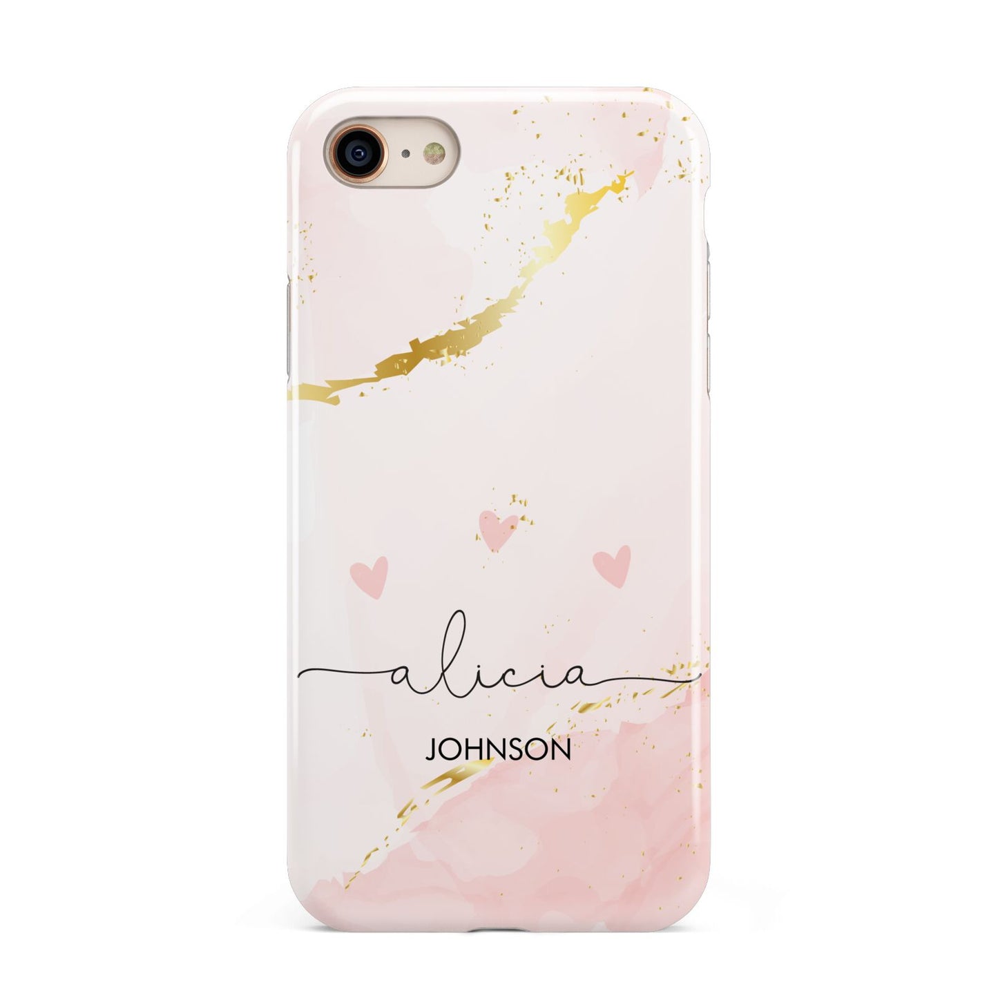 Personalised Pink Gold Marble Names iPhone 8 3D Tough Case on Gold Phone