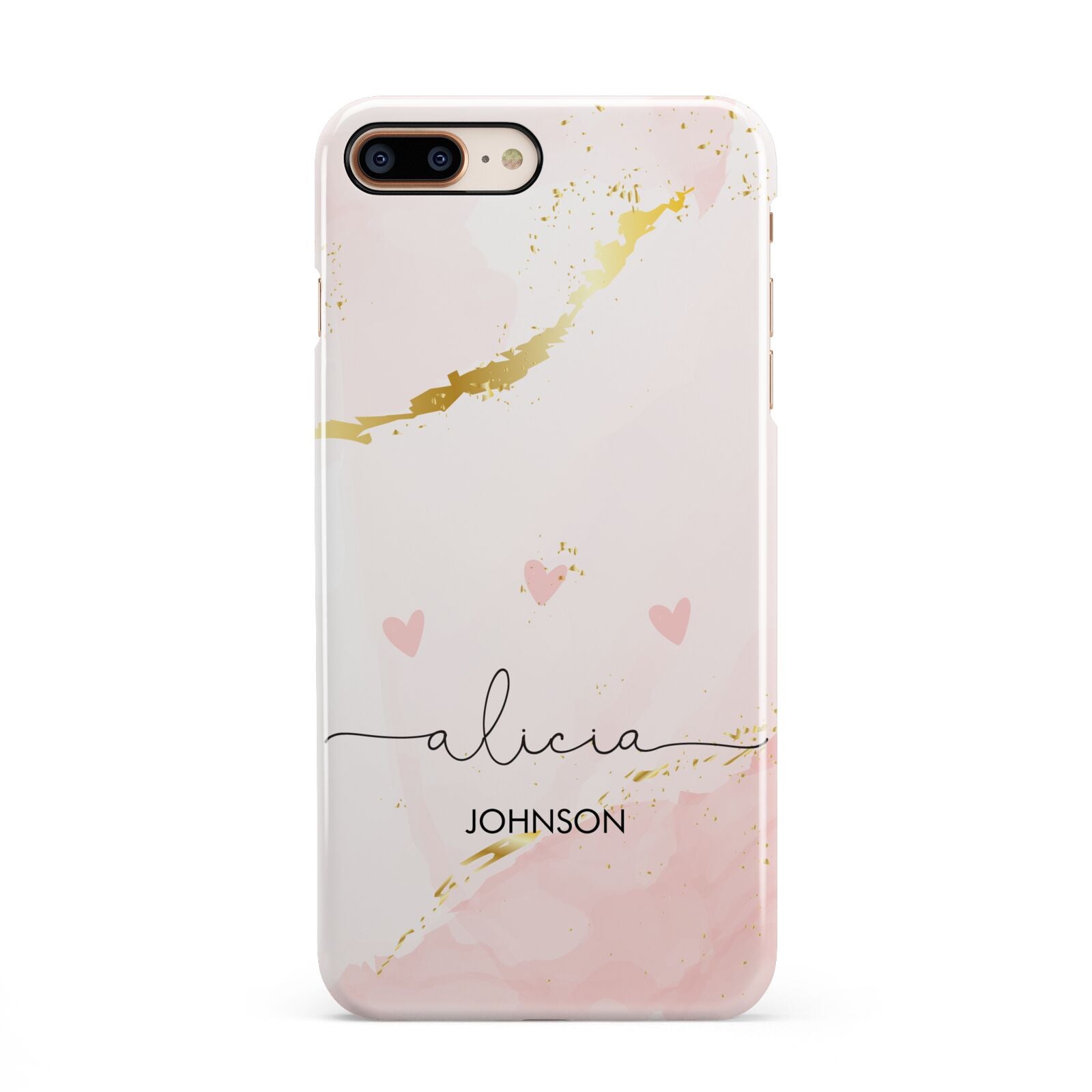 Personalised Pink Gold Marble Names iPhone 8 Plus 3D Snap Case on Gold Phone