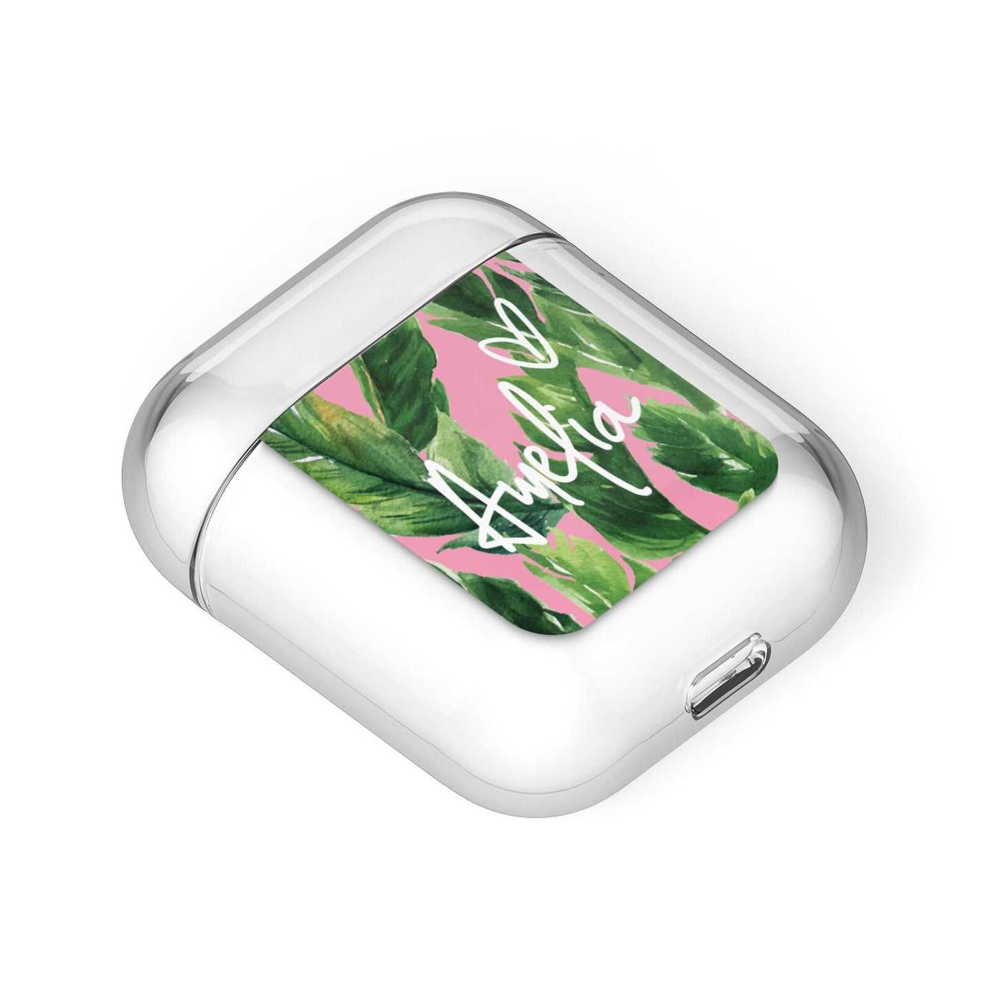 Personalised Pink Green Banana Leaf AirPods Case Laid Flat