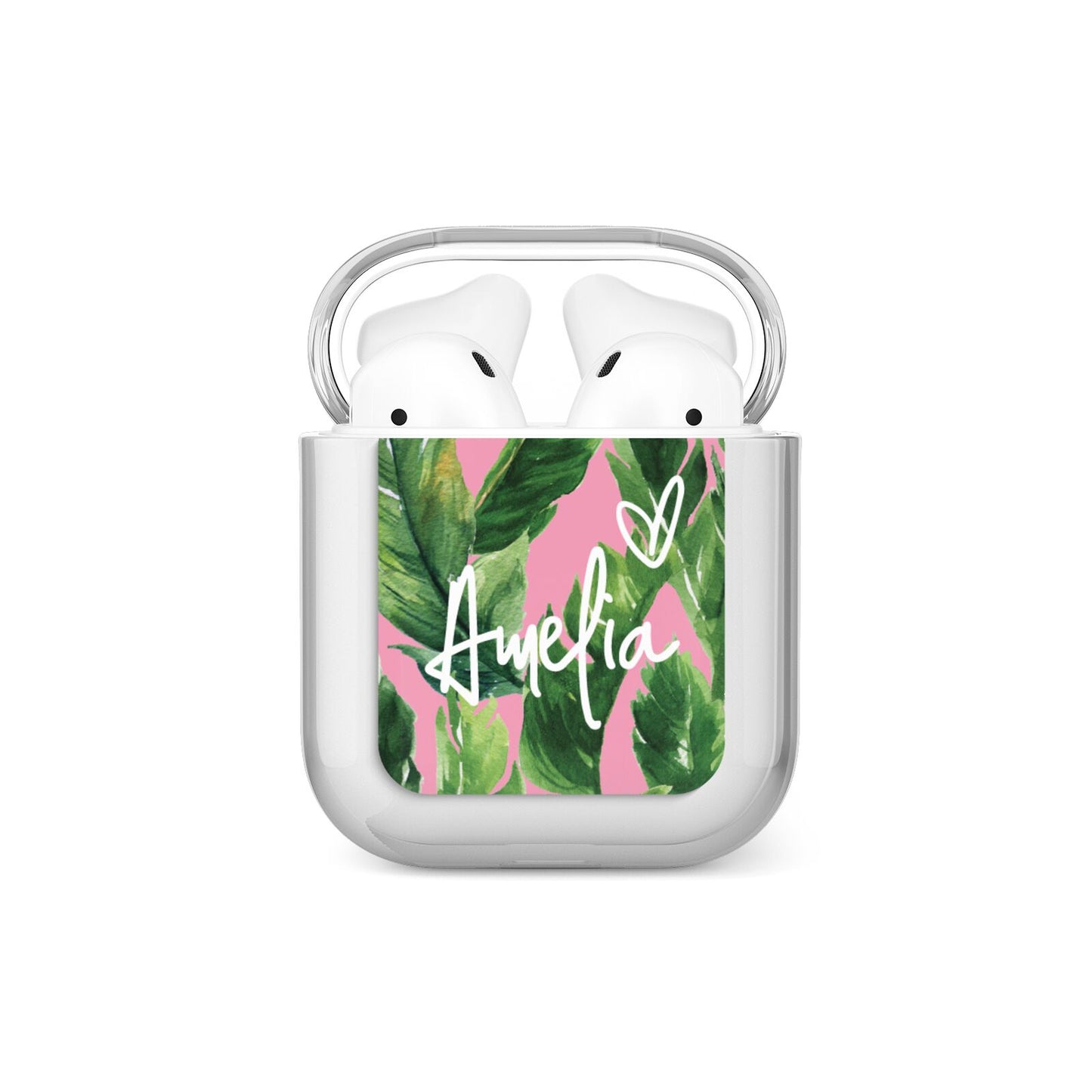 Personalised Pink Green Banana Leaf AirPods Case