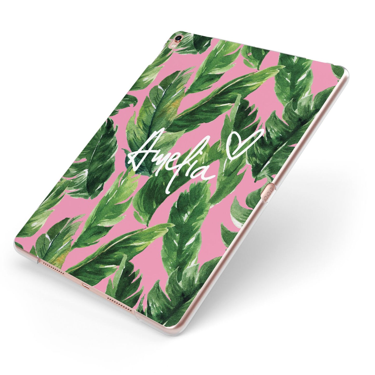 Personalised Pink Green Banana Leaf Apple iPad Case on Rose Gold iPad Side View