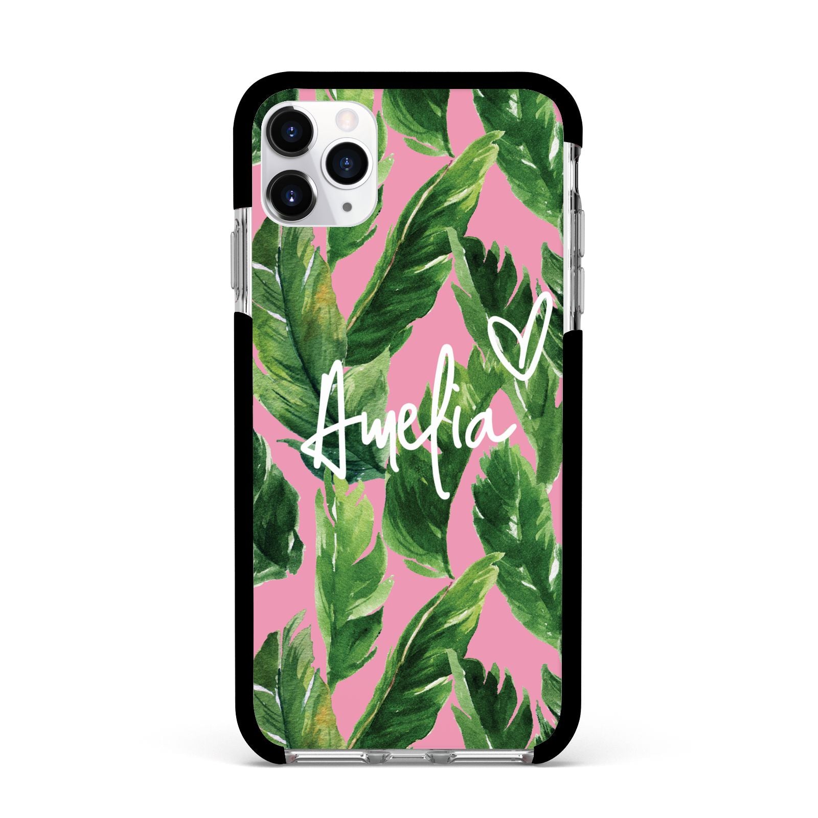 Personalised Pink Green Banana Leaf Apple iPhone 11 Pro Max in Silver with Black Impact Case