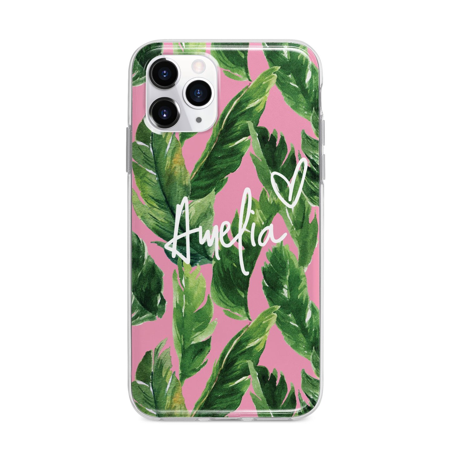 Personalised Pink Green Banana Leaf Apple iPhone 11 Pro Max in Silver with Bumper Case