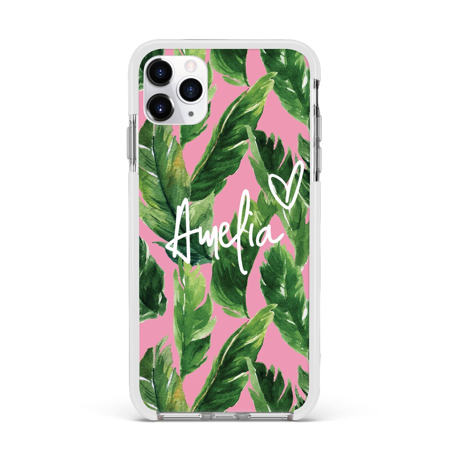 Personalised Pink Green Banana Leaf Apple iPhone 11 Pro Max in Silver with White Impact Case