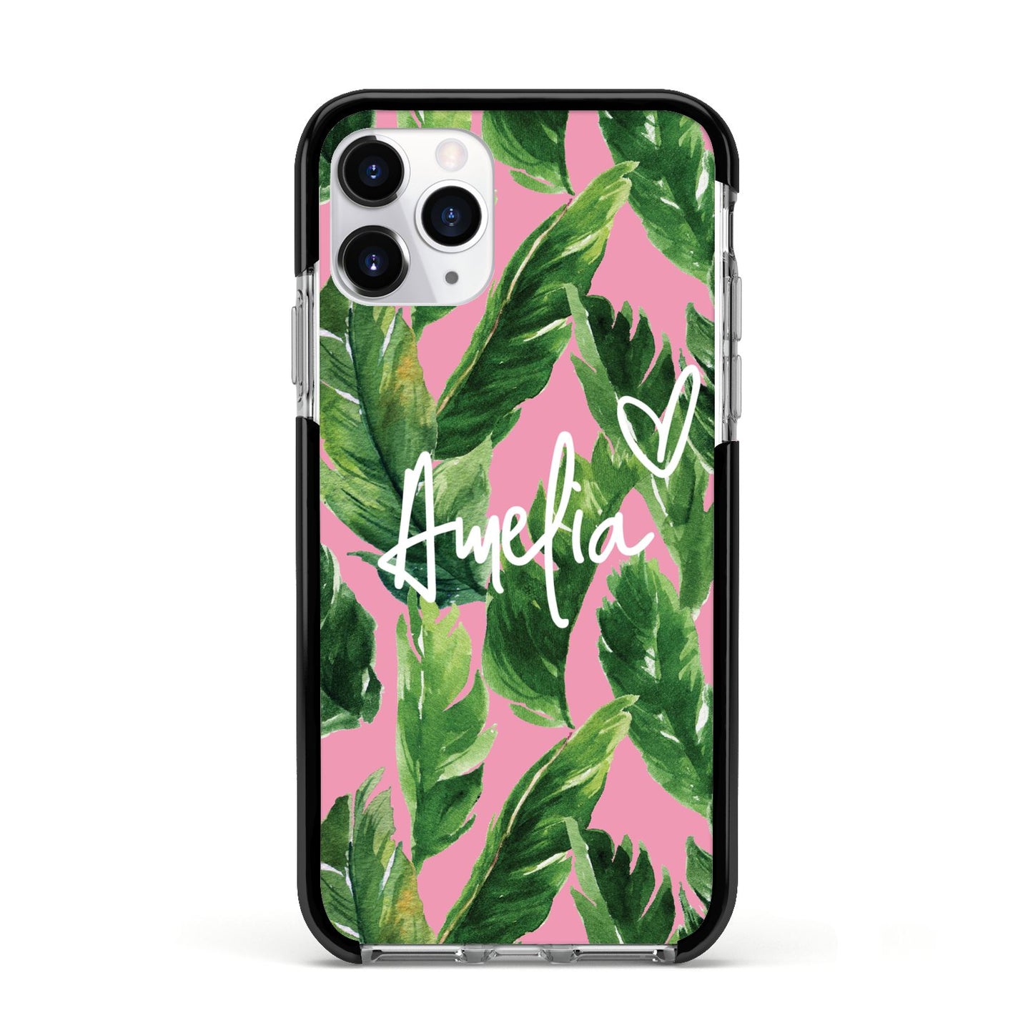 Personalised Pink Green Banana Leaf Apple iPhone 11 Pro in Silver with Black Impact Case