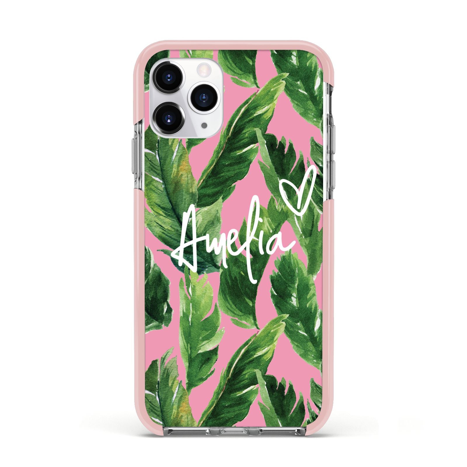 Personalised Pink Green Banana Leaf Apple iPhone 11 Pro in Silver with Pink Impact Case