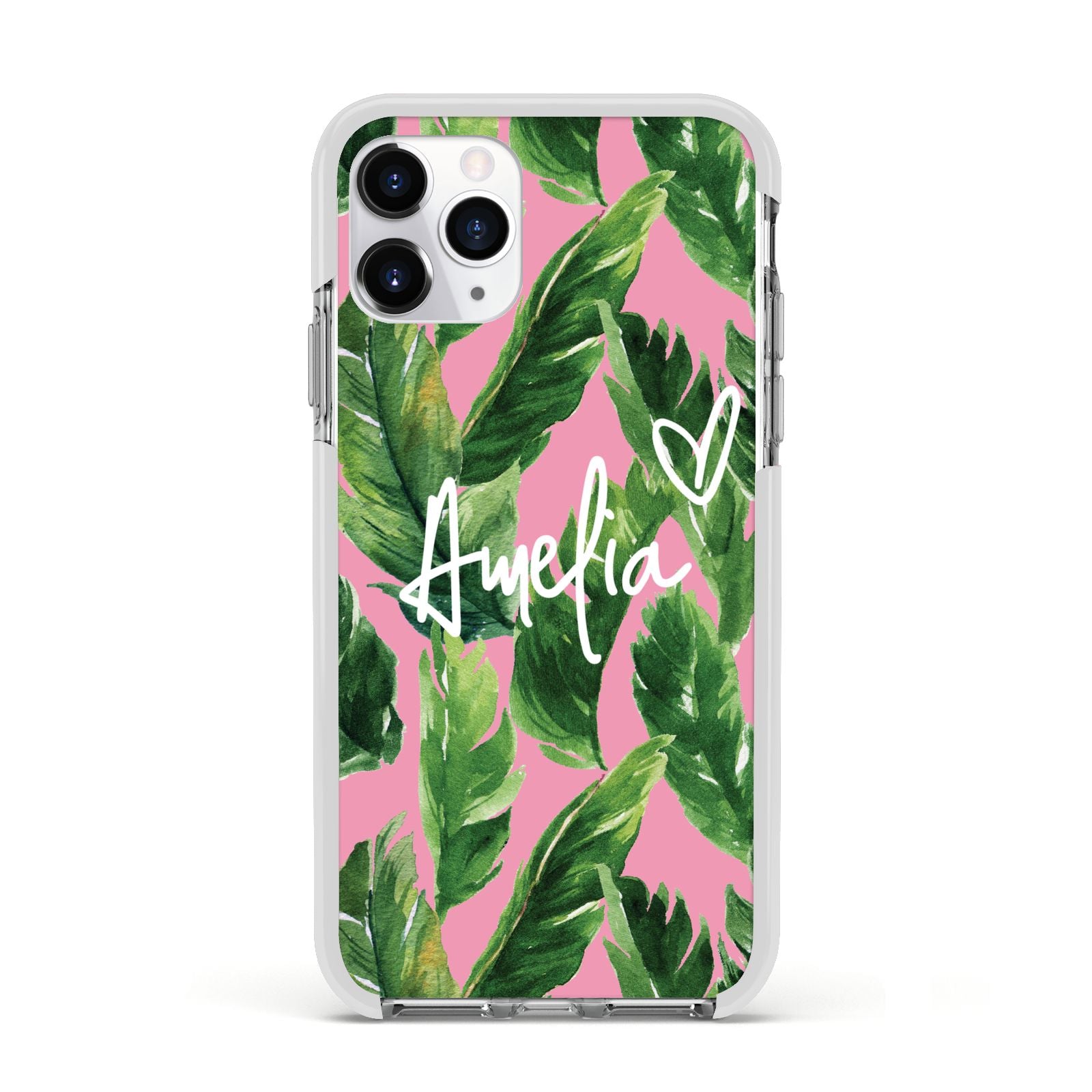 Personalised Pink Green Banana Leaf Apple iPhone 11 Pro in Silver with White Impact Case