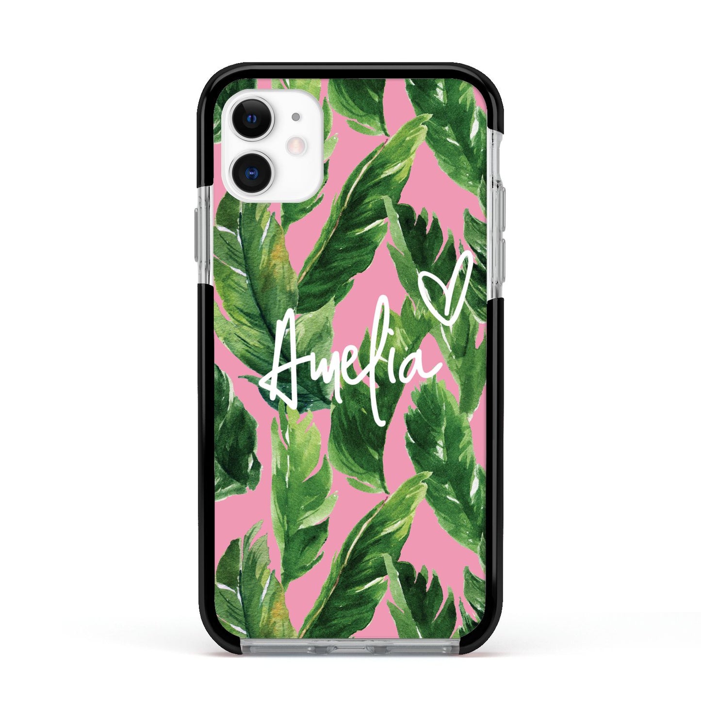 Personalised Pink Green Banana Leaf Apple iPhone 11 in White with Black Impact Case