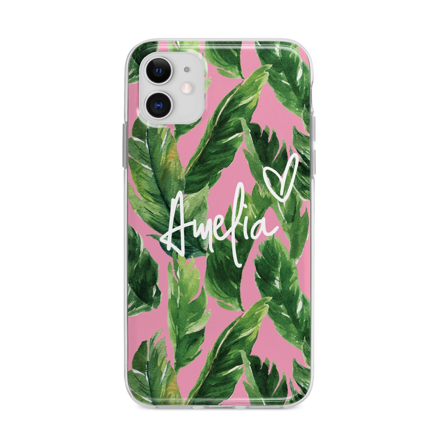 Personalised Pink Green Banana Leaf Apple iPhone 11 in White with Bumper Case