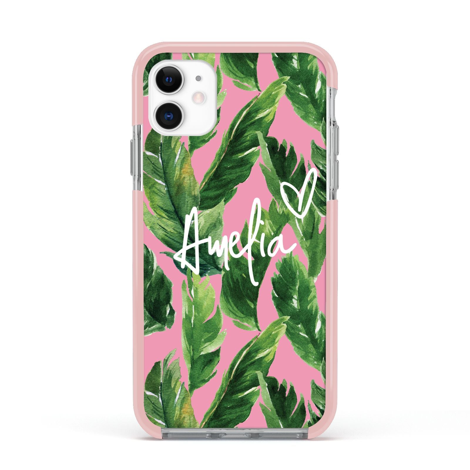 Personalised Pink Green Banana Leaf Apple iPhone 11 in White with Pink Impact Case