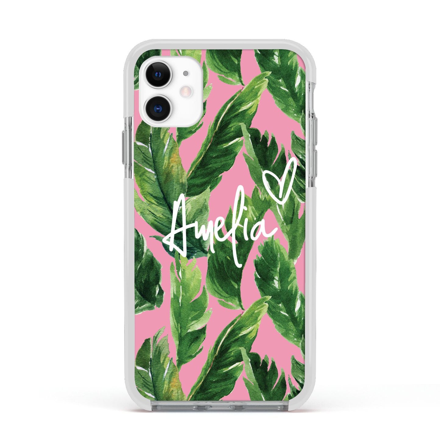 Personalised Pink Green Banana Leaf Apple iPhone 11 in White with White Impact Case