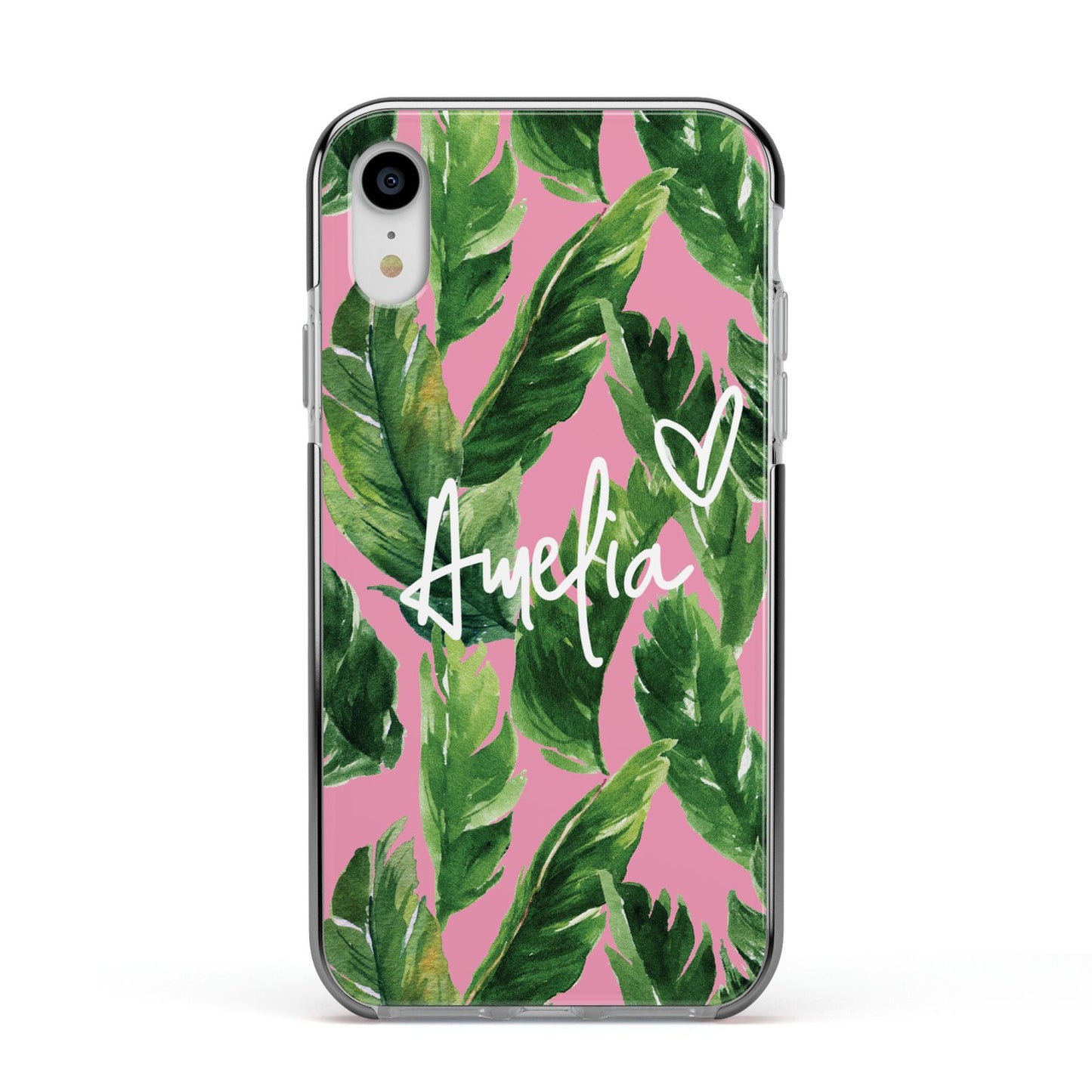 Personalised Pink Green Banana Leaf Apple iPhone XR Impact Case Black Edge on Silver Phone