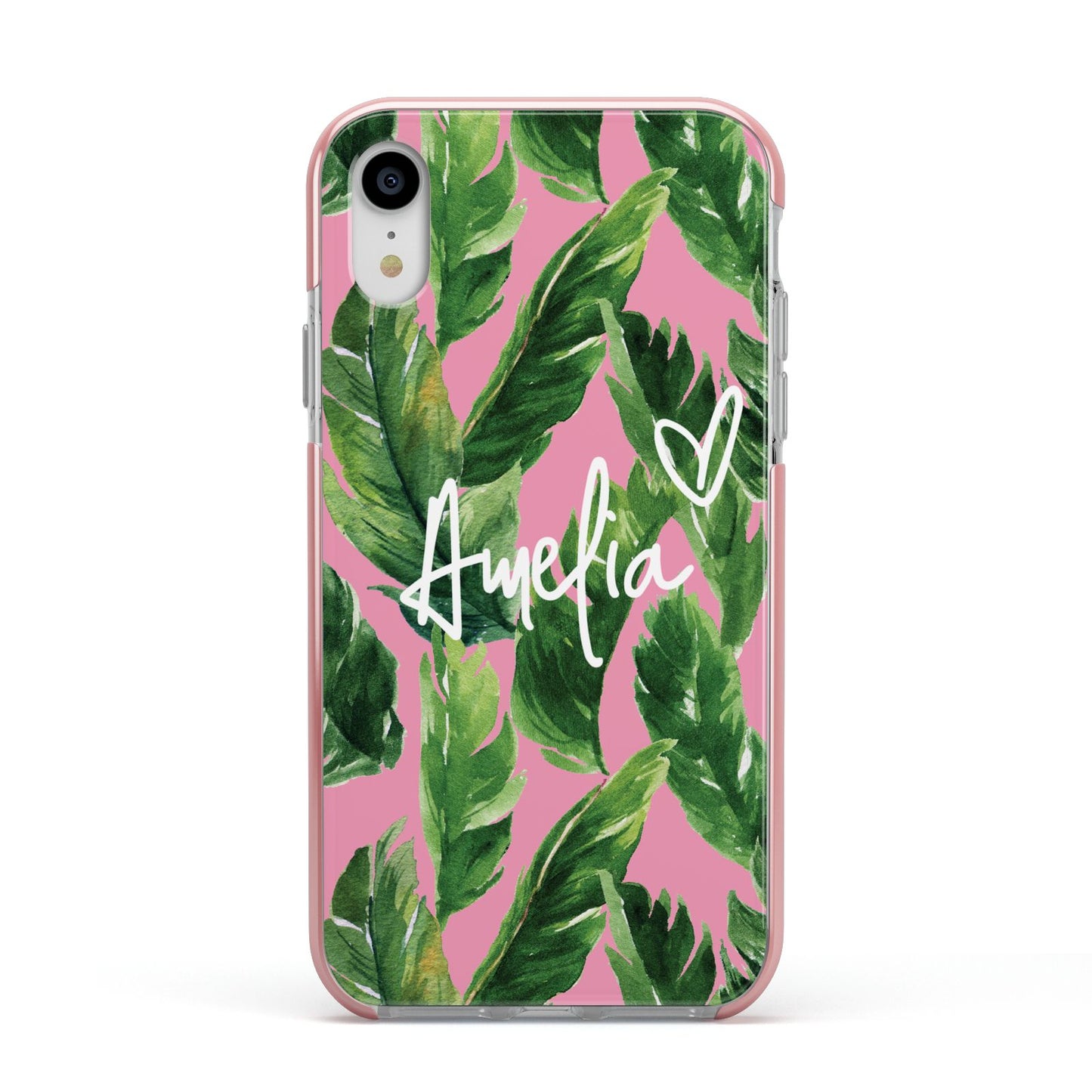 Personalised Pink Green Banana Leaf Apple iPhone XR Impact Case Pink Edge on Silver Phone