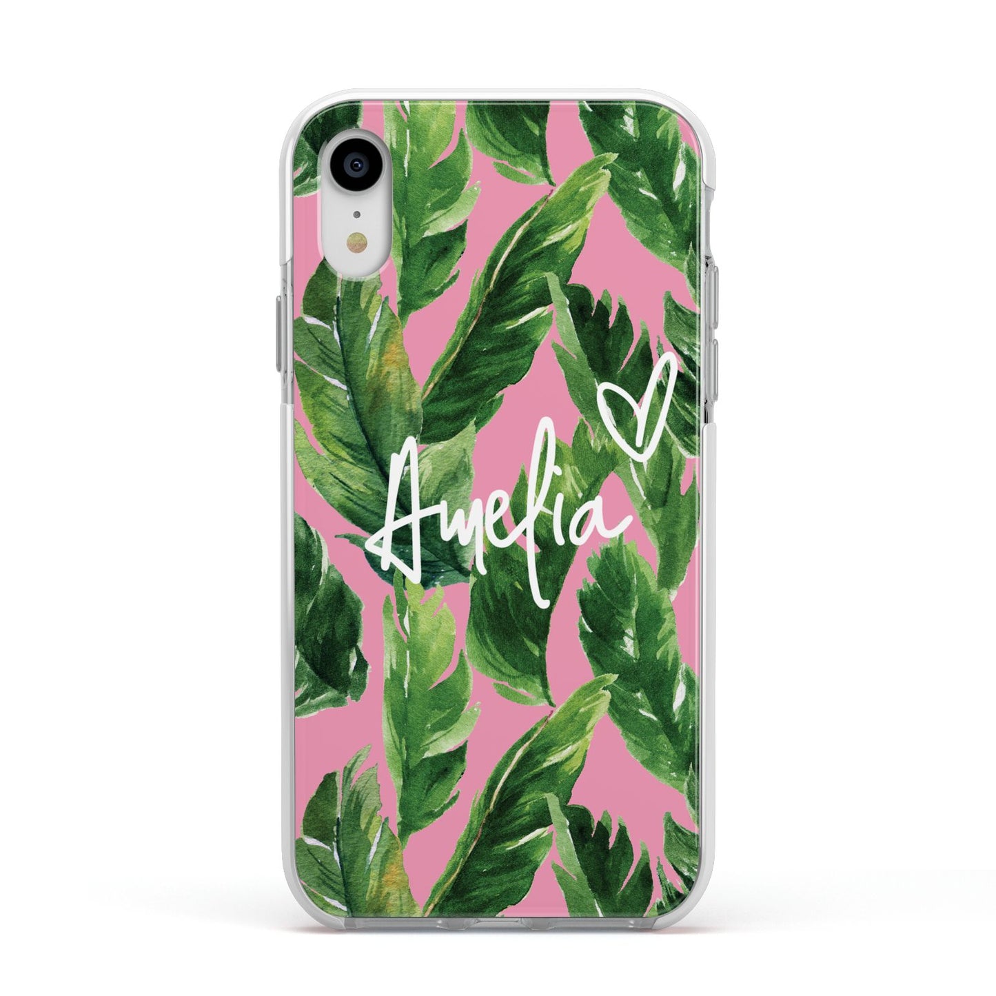 Personalised Pink Green Banana Leaf Apple iPhone XR Impact Case White Edge on Silver Phone